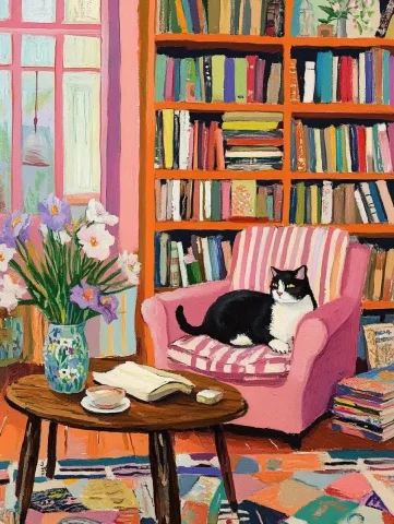 Cozy Cat in Pastel Library — Midjourney v6 AI Prompt: A black and white cat walks on a table in front of a vase of irises, a cozy livi...