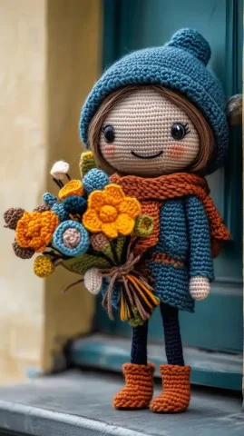 Knit Girl with Flowers — Midjourney v6 AI Prompt: A crochet knit girl with very happy face went out of her knit front door on the...