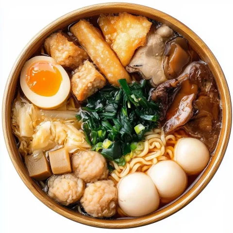 Ramen Bowl with Oden — Midjourney v6 AI Prompt: Generate an image of a Japanese-style ramen bowl. The bowl is filled with oden,...