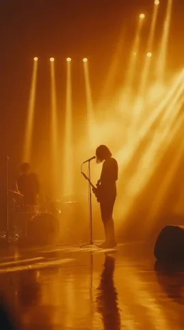 Cinematic Band in Spotlight — Midjourney v6 AI Prompt: A band is standing on the stage. Spotlights shine down on them. The frame exhibi...
