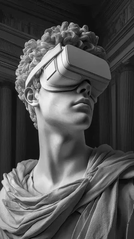 Hyper-Realistic VR Sculpture Temple — Midjourney v6 AI Prompt: A series of hyper-realistic, photo-realistic black and white images depicting th...