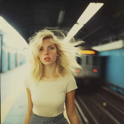 Retro Subway Portrait Photography — Midjourney v6 AI Prompt: A hyper-realistic color photograph taken with a 4X5 medium format Polaroid camer...