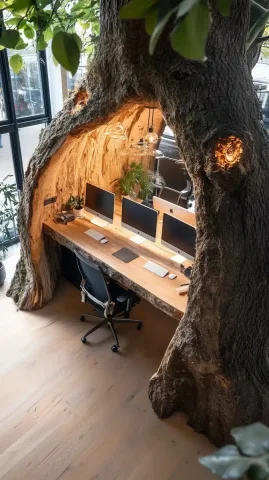 Tree Trunk Workspace Design — Midjourney v6 AI Prompt: This photo shows a unique multi-workstation workspace created inside the trunk o...