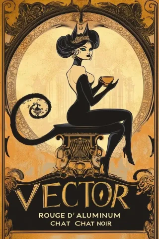 Art Nouveau Cat Woman Poster — Midjourney v6 AI Prompt: Art Nouveau poster of the cat woman with a long tail sitting on top and holding...