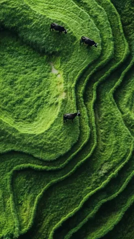 Minimalist Aerial Pastures with Cows — Midjourney v6 AI Prompt: green pastures with Dairy cows,waves, Large tones,ancient chinese art, strong co...