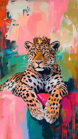 Regal Leopard in Basquiat Style — Midjourney v6 AI Prompt: A painting of an elegant leopard lounging on a pink and green background, with b...
