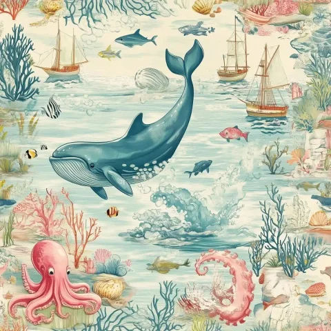 Vintage Toile Ocean Scene — Midjourney v6 AI Prompt: ocean scene toile with a scene from a childrens book with whales, octopus, fish,...