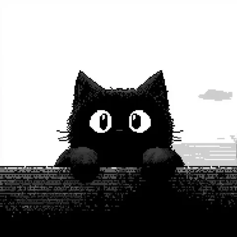 Pixelated Cat Silhouette Border — Midjourney v6 AI Prompt: black and white cat pixel version peaking over a border line with arms folded, s...