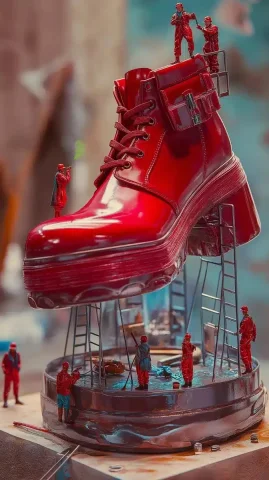 Macro Photography of Platform Shoe — Midjourney v6 AI Prompt: Ultra-realistic macro photography of a giant, red platform shoe with an oversize...