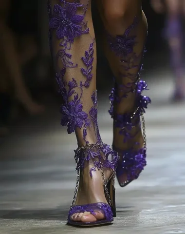 Purple Sandals with Chains — Midjourney v6 AI Prompt: Purple lace sandals with chains and purple flowers on the heels, at a runway sho...