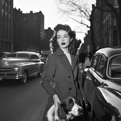 Film Portrait of Woman with Dog — Midjourney v6 AI Prompt: photos taken with a large format film camera, bw photo by vivian maier. the shoo...