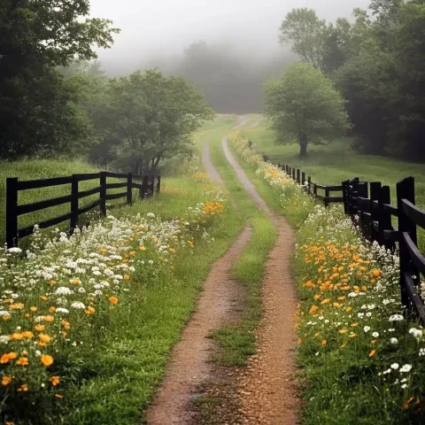 Foggy Country Road Scene — Midjourney v6 AI Prompt: A country road leading into the distance, surrounded by wildflowers and green tr...