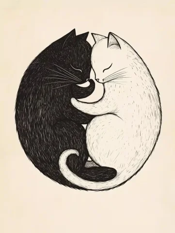 Minimalist Yin Yang Cats — Midjourney v6 AI Prompt: A line drawing of two cats curled up in the shape of yin and yang, simple and mi...