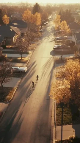 Nostalgic BMX Street Scene — Midjourney v6 AI Prompt: Aerial view of a suburban street in 1980, soft morning light. Kids ride their BM...