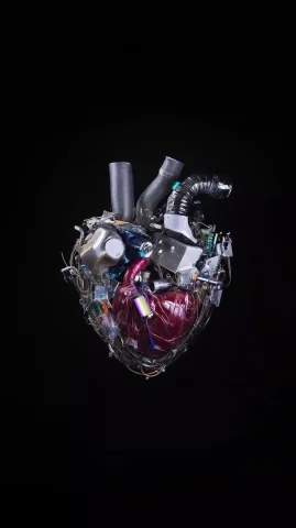 Technological Heart in Space — Midjourney v6 AI Prompt: A realistic photograph of an anatomical heart made from spaceship parts, a space...