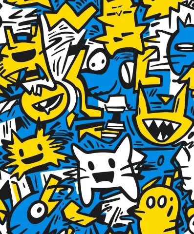 Doodle Faces and Creatures — Midjourney v6 AI Prompt: Urban contemporary doodle art of faces and retro video game characterization and...