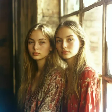 Vintage Twins in Urban Setting — Midjourney v6 AI Prompt: This oldl 8k washed out photograph portrays two young women, twins or sisters, s...