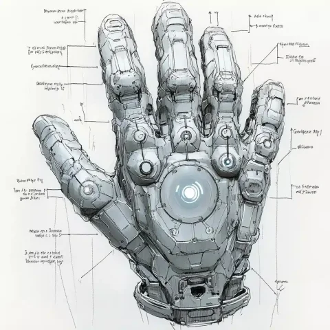 Smart Glove Engineering Blueprint — Midjourney v6 AI Prompt: technical blueprint sketch of smart glove, exploded view showing: 1. Central sca...