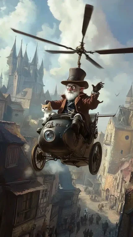 Steampunk Helicopter with Cat