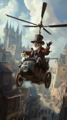 Steampunk Helicopter with Cat — Midjourney v6 AI Prompt: A small cheerful old man in a suit and a high hat flies over the streets of a me...