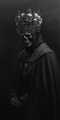 Eldritch Lord Portrait Photography — Midjourney v6 AI Prompt: A dark, eldritch lord wearing an ornamental crown made of skulls, in black and w...