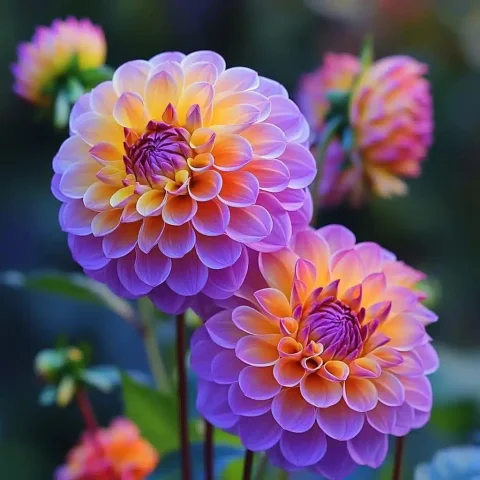 Closeup HD Pompom Dahlias — Midjourney v6 AI Prompt: Amazingly beautiful closeup HD photo of pompom Dahlia flowers aThe beauty of dah...