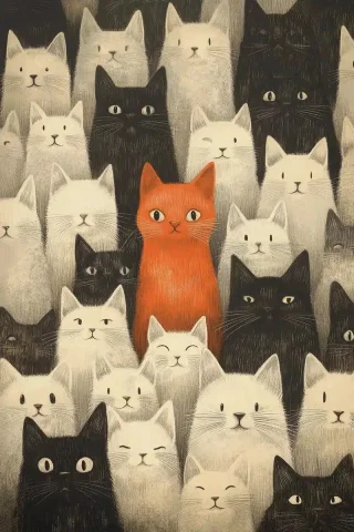 Pencil Cats with Colored Center — Midjourney v6 AI Prompt: A large group of cats of varying sizes, drawn in pencil, with only one orange ca...