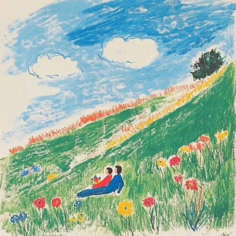 Couple on Floral Hillside — Midjourney v6 AI Prompt: sloping hillside covered with grass and flower, A couple is lying on the ground,...