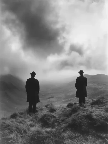 Farmers Overlooking Vale — Midjourney v6 AI Prompt: photo taken in 2020 by Sebastiao Salgado depicting a man and a woman farmers sta...