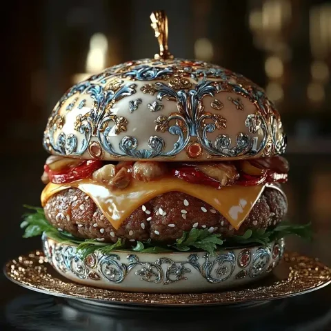 Renaissance Glass Hamburger Render — Midjourney v6 AI Prompt: A gourmet hamburger crafted from intricate Renaissance-patterned glass, highly d...