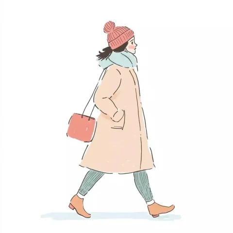 Pastel Woman in Clip Art — Midjourney v6 AI Prompt: A woman is walking, wearing long coat and a muffler with a Knitted hat on her he...