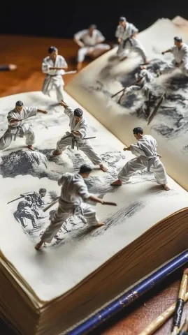 Miniature Karate on Book — Midjourney v6 AI Prompt: A huge open book with illustrations of karate techniques became a training groun...