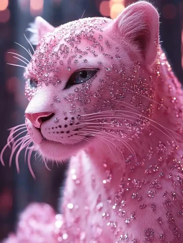 Hyper-Realistic Pink Leopard — Midjourney v6 AI Prompt: leopard with pink fur and gold leopard print, glitter background, pink color sch...