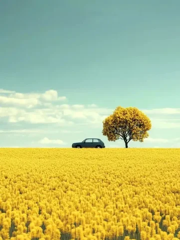 3D Car in Rapeseed Field — Midjourney v6 AI Prompt: 3d illustration, A small car is driving in the yellow sea of rapeseed flowers, w...