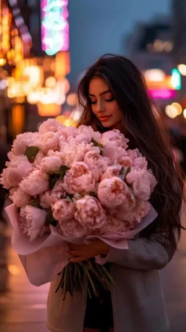 Urban Elegance with Peonies — Midjourney v6 AI Prompt: stunning young woman with long, dark brown hair standing on a stylish, modern ci...