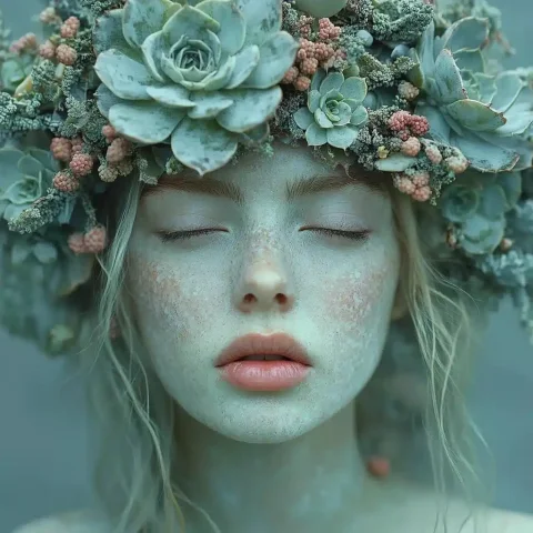 Realistic Portrait with Succulent Crown — Midjourney v6 AI Prompt: frontal portrait of a woman with realistic skin texture and pores. She s wearing...