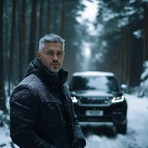 Businessman in Snowy Forest — Midjourney v6 AI Prompt: 30-year-old businessman, short-shaved, with white hair, looking at the camera in...