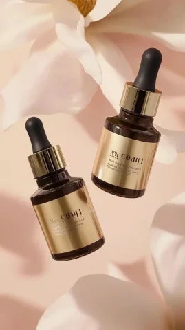 Luxury Essence Oil Display — Midjourney v6 AI Prompt: Commercial shooting, the product is essence oil, horizontal perspective, two bot...