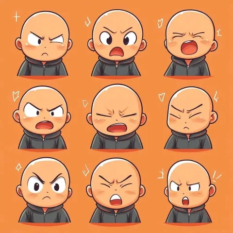 Mischievous Boy Emoticons Matrix — Midjourney v6 AI Prompt: A set of emoticon illustrations, a matrix of 9 images, various expressions of a...
