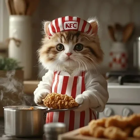 Cat Chef in Kitchen — Midjourney v6 AI Prompt: A fluffy white and brown cat, with soft, well-groomed fur, stands proudly in a b...