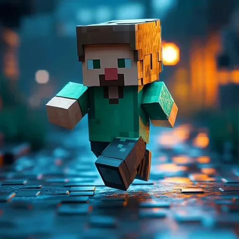 Pixelated Character in Motion — Midjourney v6 AI Prompt: A Minecraft-style character running against a dark blue background. The characte...