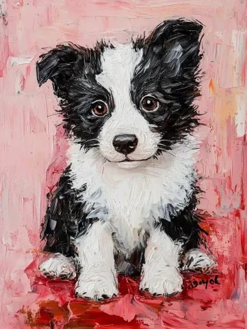 Impasto Border Collie Portrait — Midjourney v6 AI Prompt: thick impasto painting,, with a pink background, a cute Border Collie dog with b...