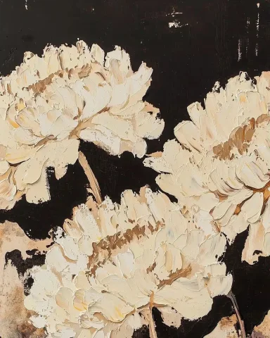 Impressionist Cream Mums Painting — Midjourney v6 AI Prompt: A textured oil painting of cream large mum florals with a vintage aesthetic, set...