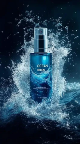Hyper-Realistic Ocean Breeze Product — Midjourney v6 AI Prompt: Product photography, skin care product bottle with blue water waves swirling aro...