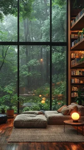 Cozy Sanctuary in Rain — Midjourney v6 AI Prompt: Serene glass-enclosed sanctuary in rainy woodland, heavy rainfall visible throug...