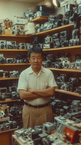Vintage Camera Store Scene — Midjourney v6 AI Prompt: British Hong Kong, China - 1983: A vintage 1980's Fujifilm negative film scan of...