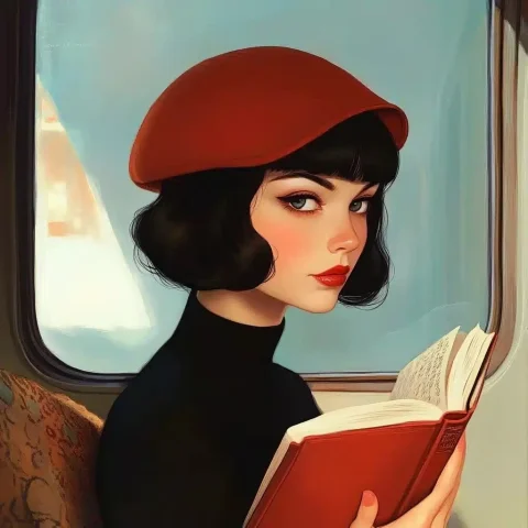 Belle poque Woman Reading — Midjourney v6 AI Prompt: elegant brunette with short dark hair wearing a red cloche hat, in a train, in t...