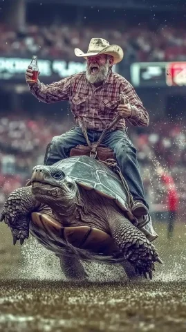 Cinematic Rodeo Turtle Showdown — Midjourney v6 AI Prompt: A wild rodeo spectacle inside a massive football stadium, packed with thousands...