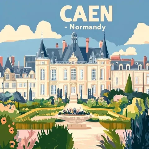 Minimalist Travel Poster Palace de Longueill — Midjourney v6 AI Prompt: A travel poster of the Palace de Longueillé in Normandy, France, with large lett...