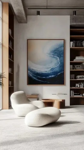 Modern Interior with Pastel Artwork — Midjourney v6 AI Prompt: "A modern interior with white cement walls and textured microcement finishes, fe...